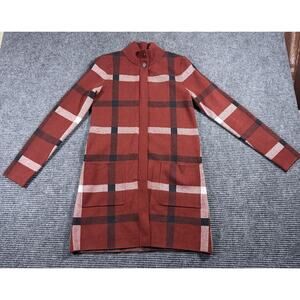 Tahari Woman's XS Red Plaid Knit Sweater Coat Jacket Zip Snap Front Long Sleeve